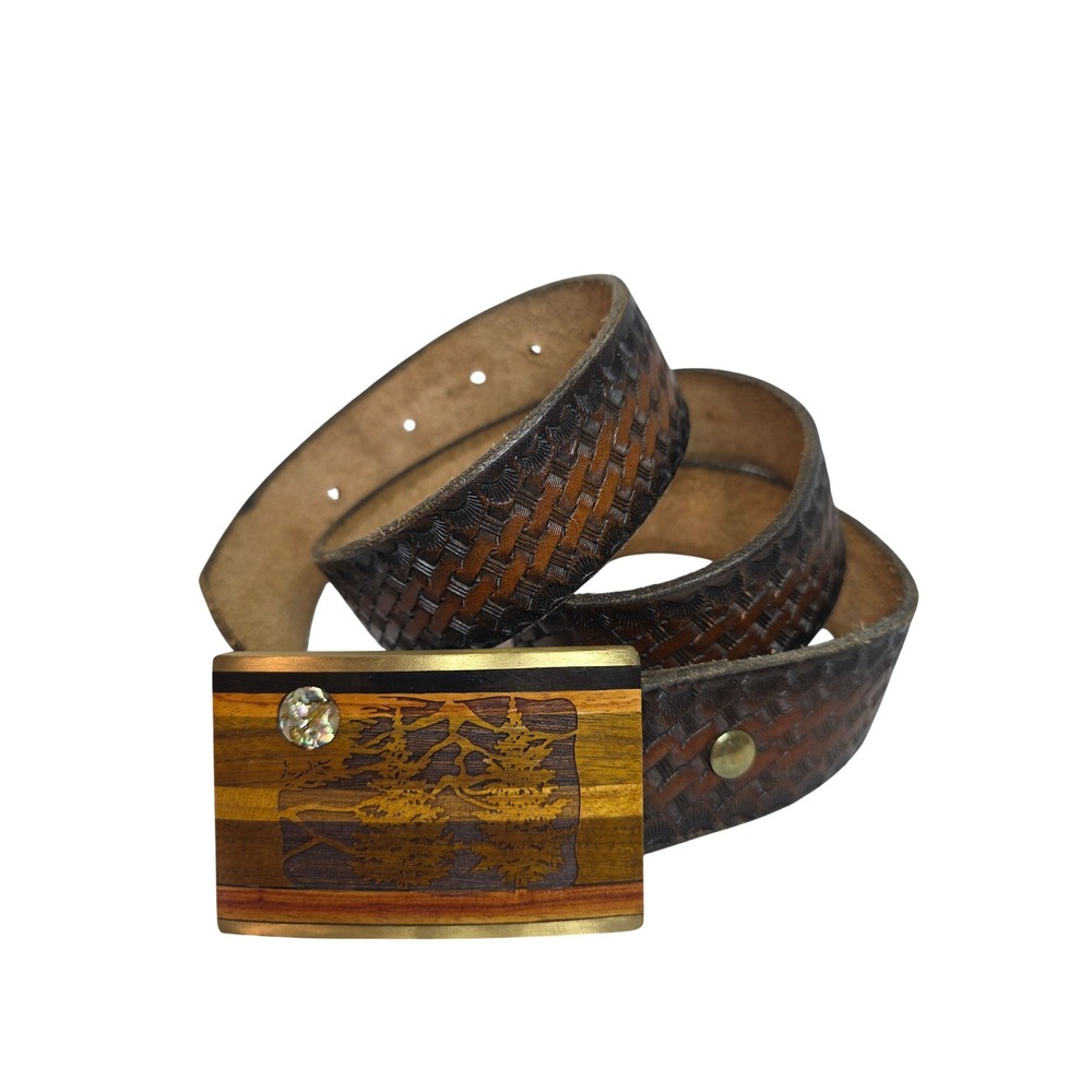 Sherwood Ltd Santa‎ Cruz Rare Vintage WoodInlay BrassBuckle Leather Belt Mens 42
